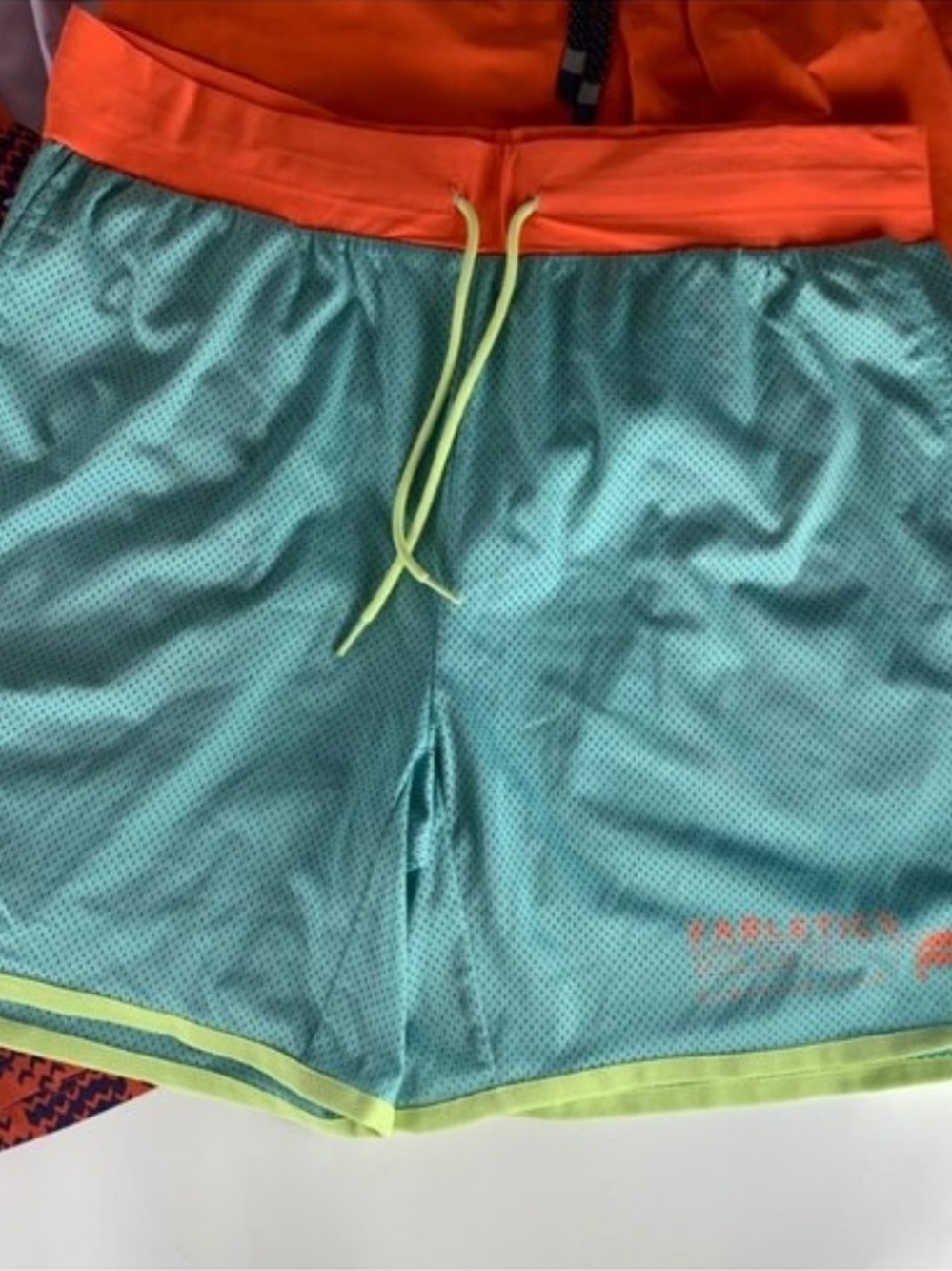 Fabletics The Rec Shorts - Aqua with Orange Waistband (XS)